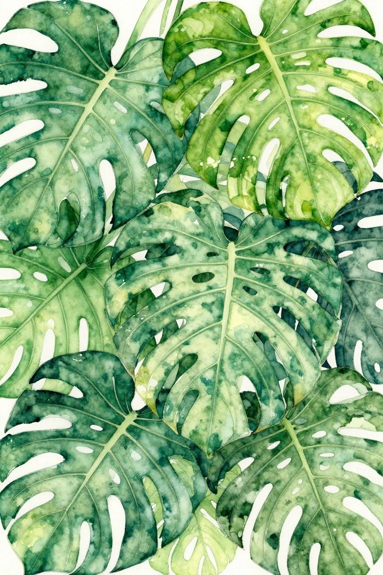 Vibrant green monstera leaves overlapping in watercolor painting style.