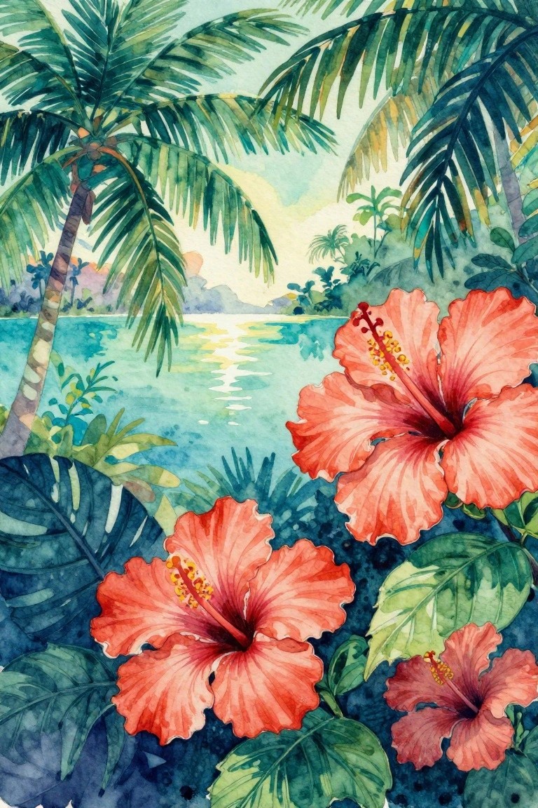 Vibrant red hibiscus flowers with palm trees and turquoise tropical lagoon in watercolor.