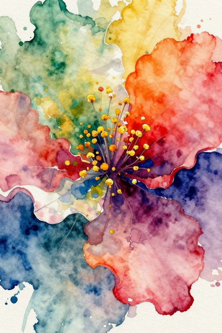 Vibrant watercolor flower with rainbow petals and yellow stamens cluster