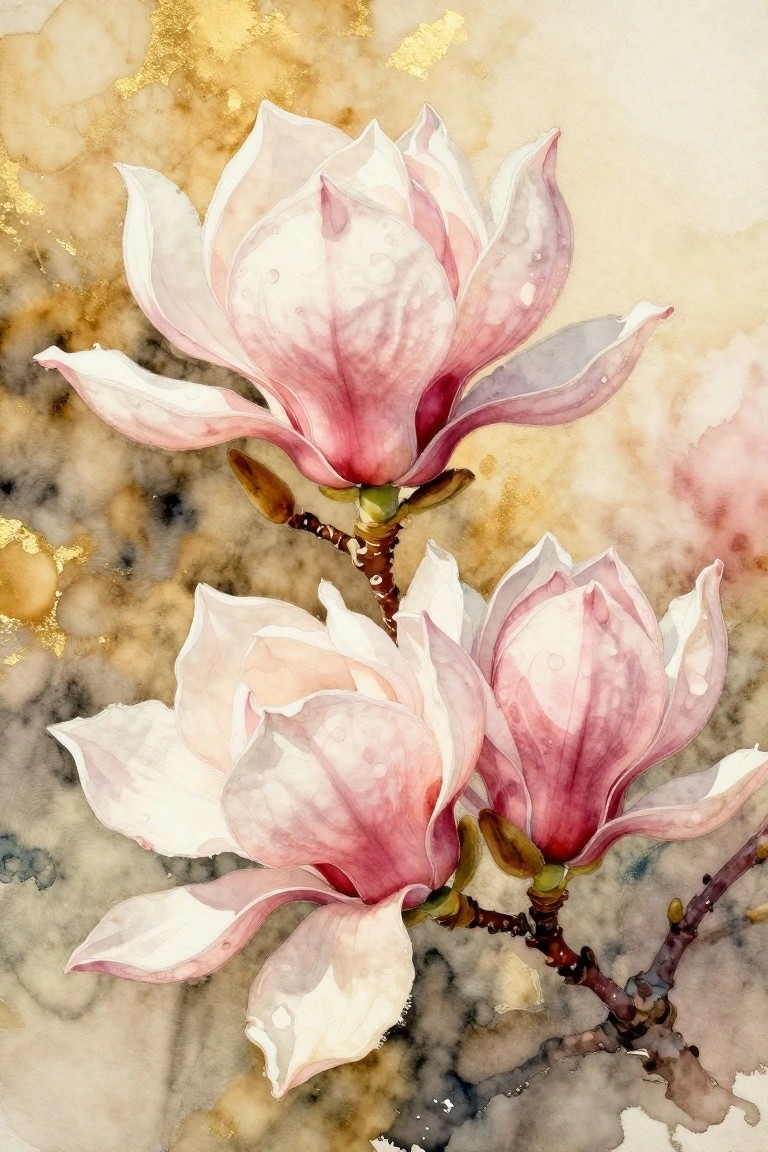 Two pink magnolia blooms with dewdrops on a branch, watercolor with gold accents.
