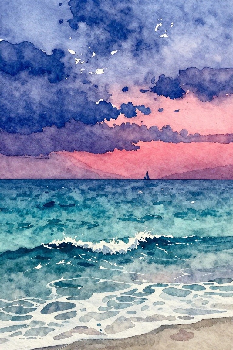 A watercolor painting shows an ocean at sunset with pink and blue skies, a small sailboat on the horizon, waves with white foam, and a sandy shore in the foreground.