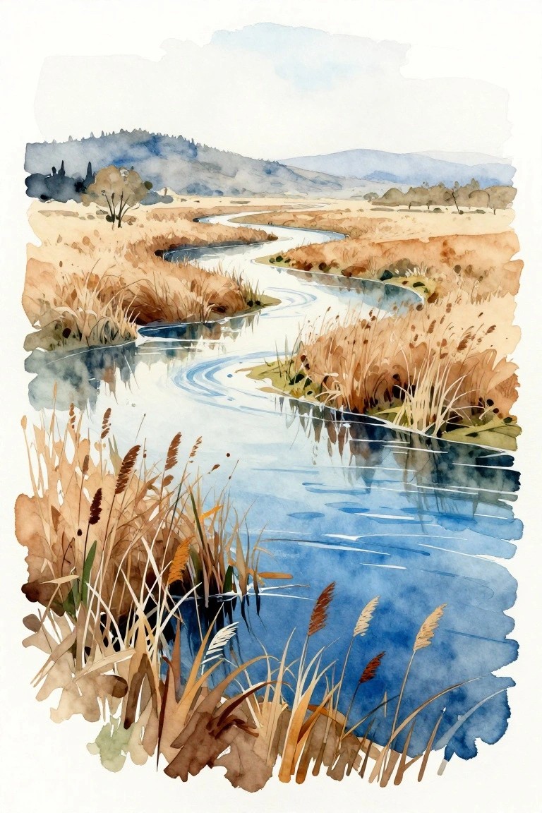 A watercolor landscape showing a curving blue river flowing through brown reeds and grasses with hills in the background.