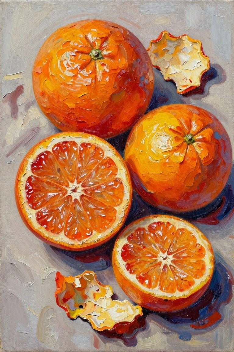 A textured painting of whole and halved oranges with peels scattered on a muted gray background.