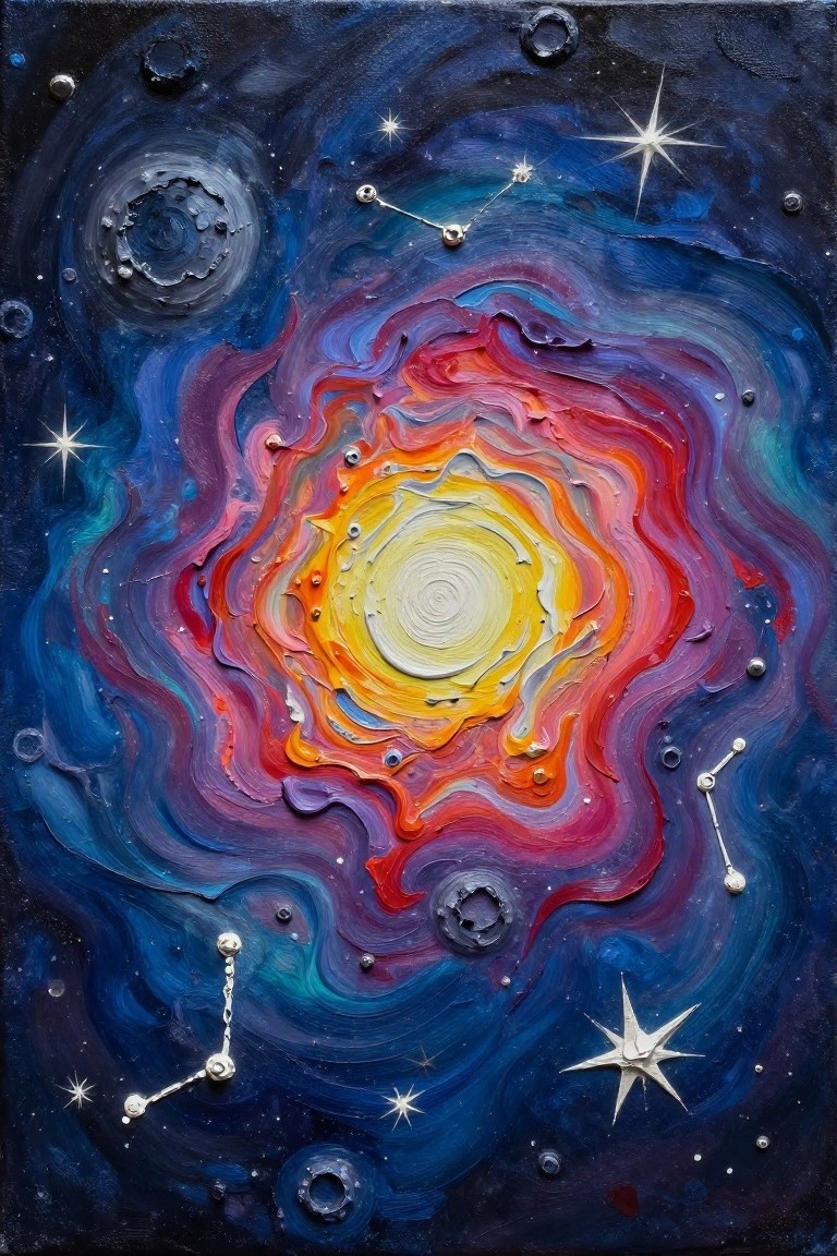 Swirling colorful cosmic nebula with layered rings and silver constellation patterns