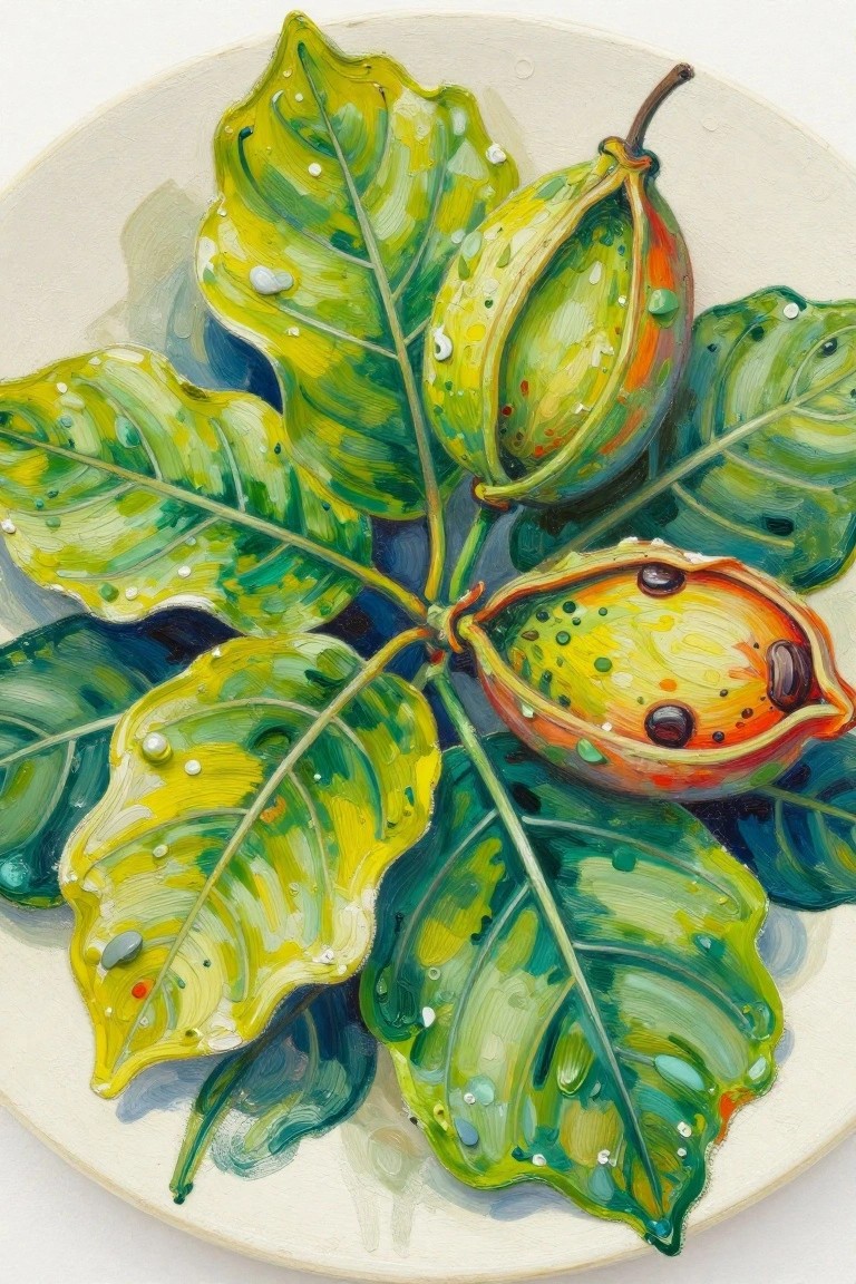 A painting of green leaves and open seed pods with water droplets on a round white canvas.