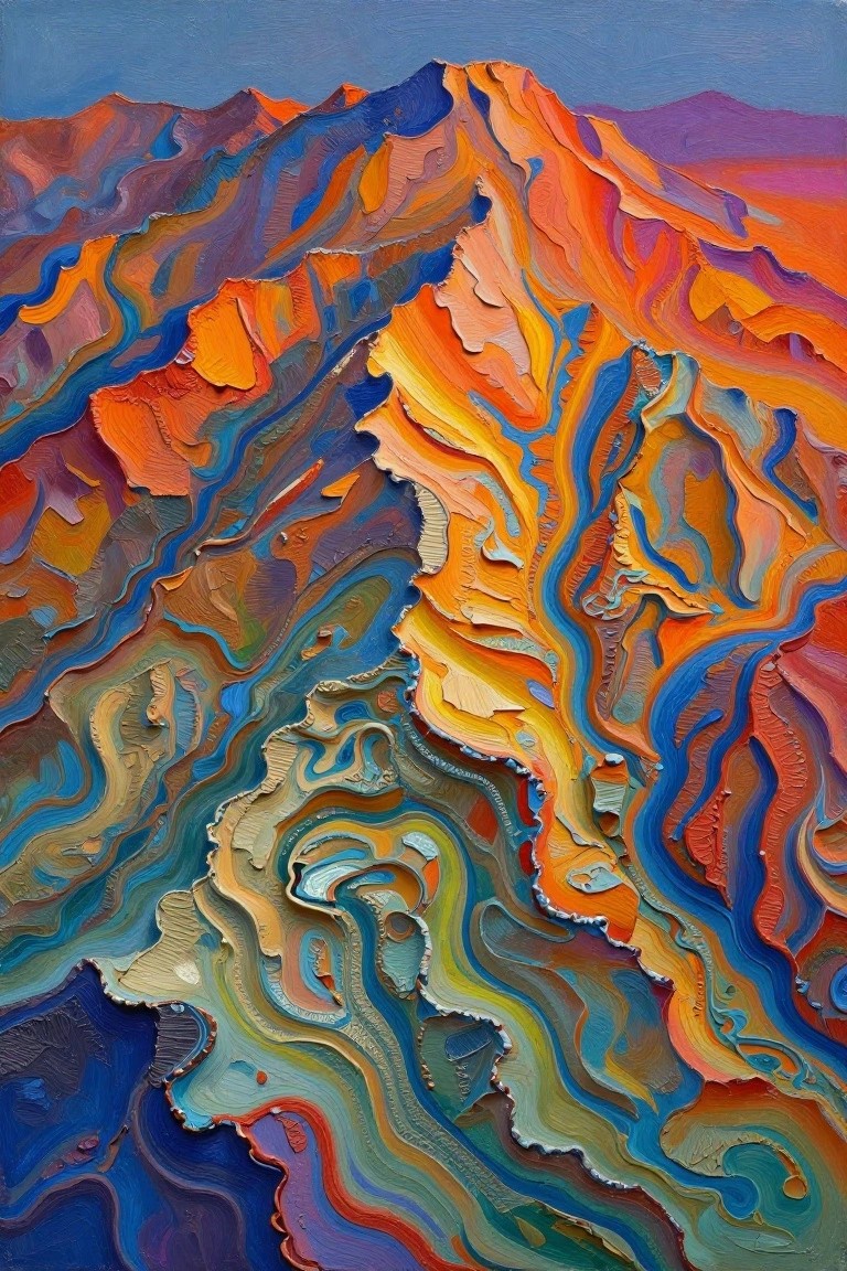 A close-up of a textured painting showing layered mountains in bright orange, blue, and purple with thick raised ridges.