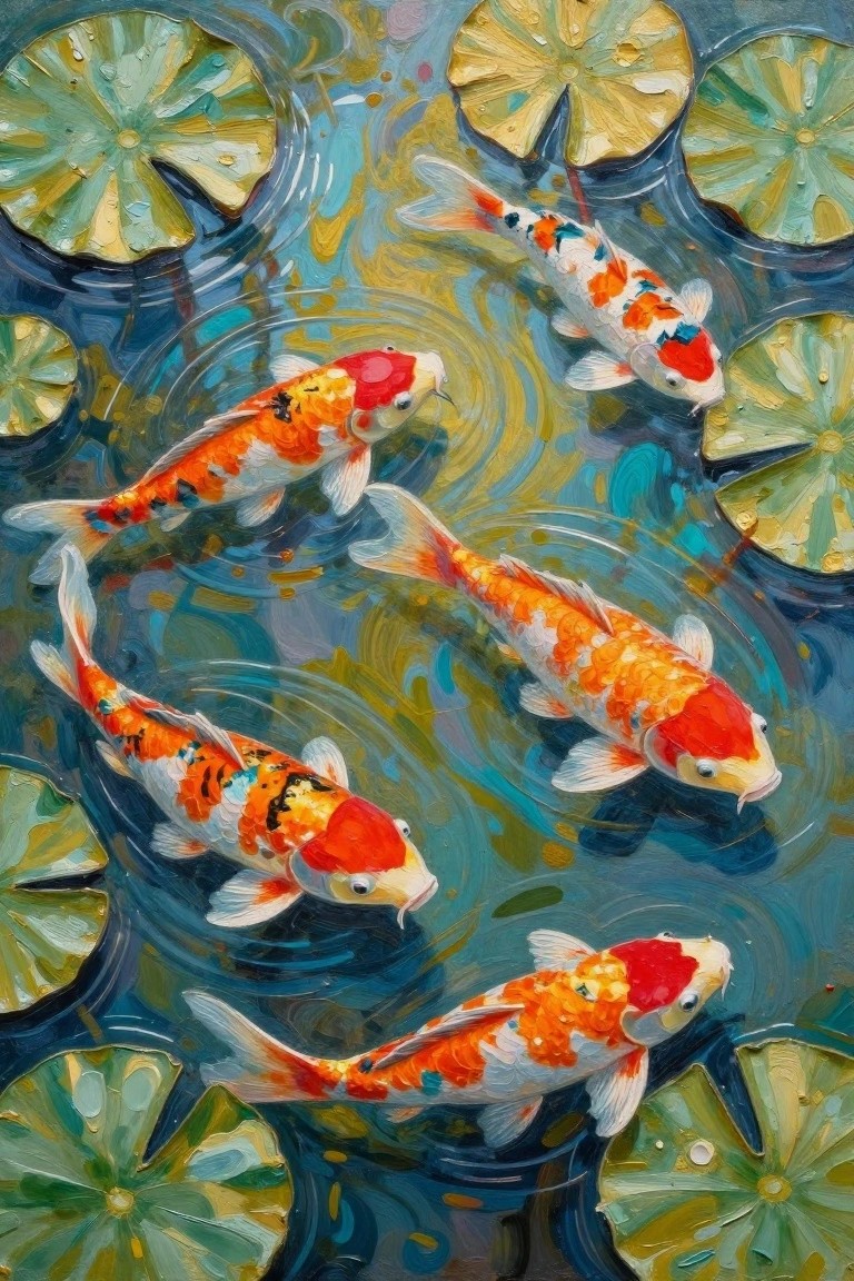Colorful koi fish swim among green lily pads in a painted pond