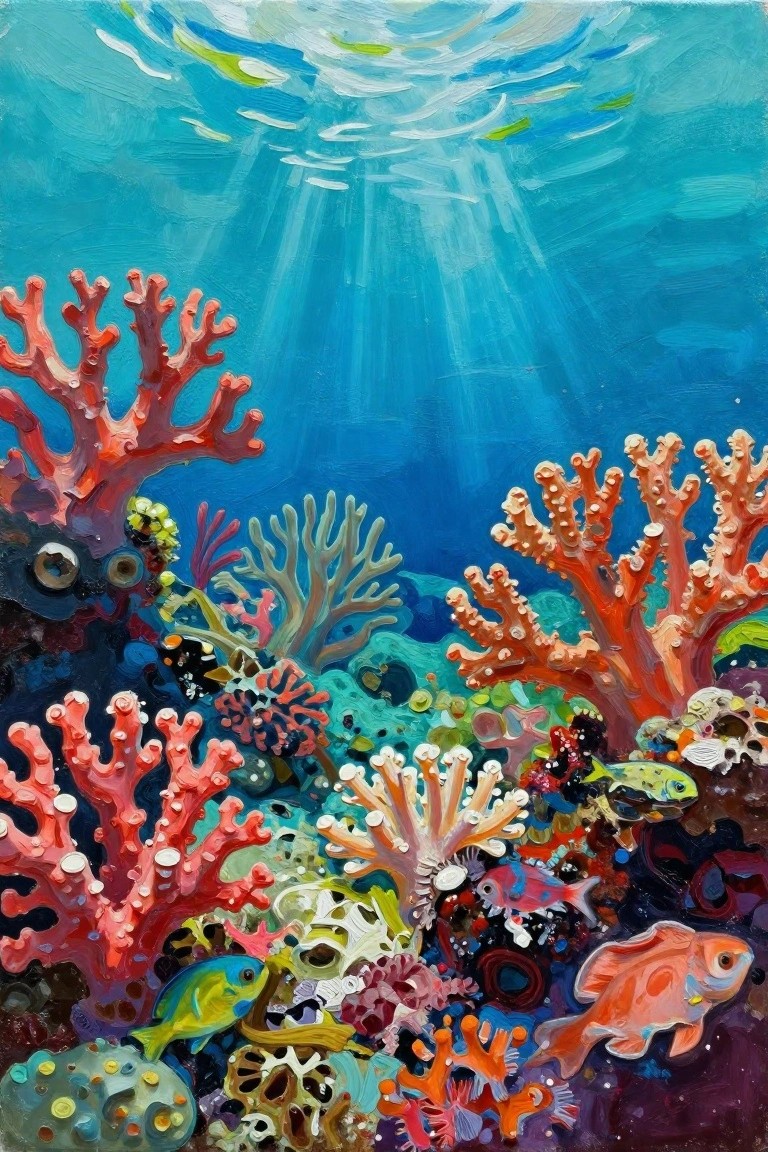 A colorful painting of an underwater coral reef with red and orange corals, various fish, and light rays shining through the water.