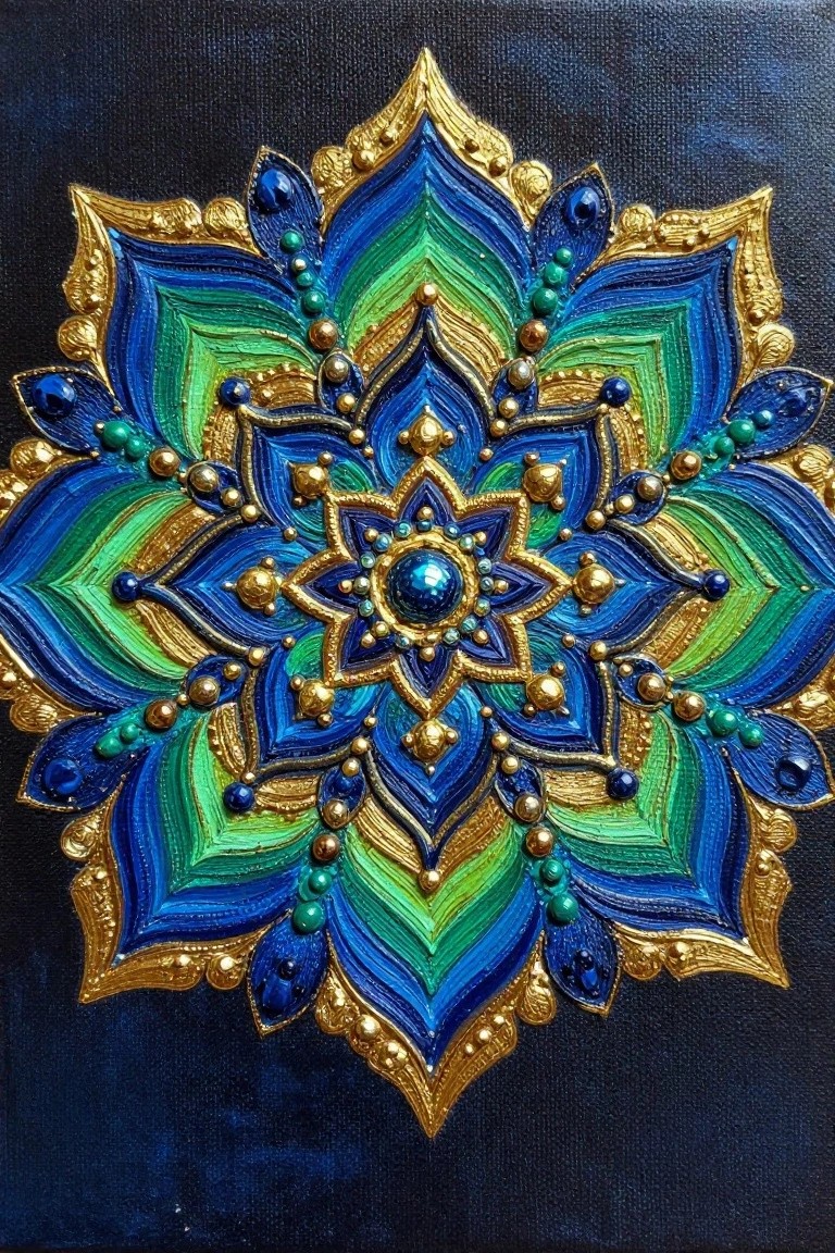 Vibrant blue-green mandala with gold accents and beaded jewel embellishments on dark canvas.