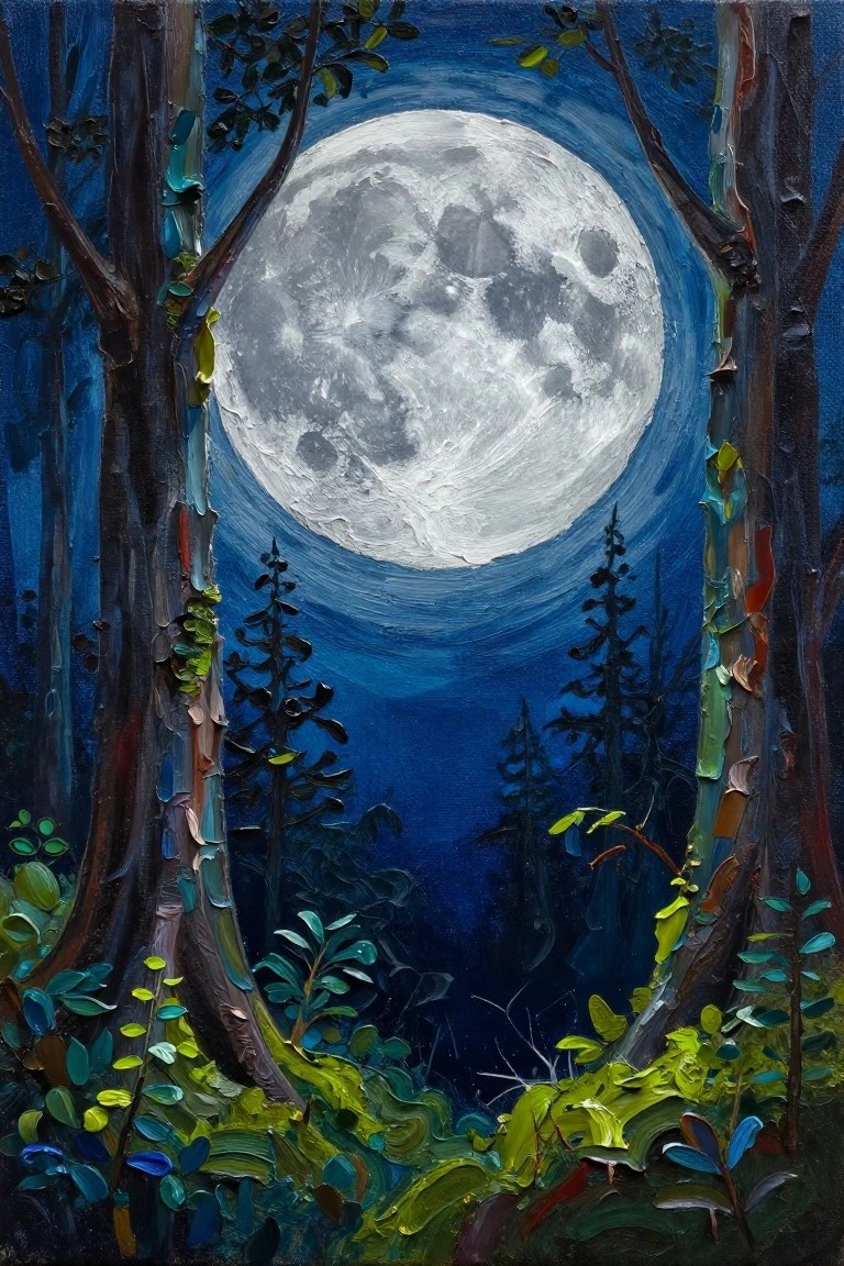 A textured oil painting of a large full moon in a dark blue night sky framed by trees on both sides with thick impasto brushstrokes on the moon and foliage.