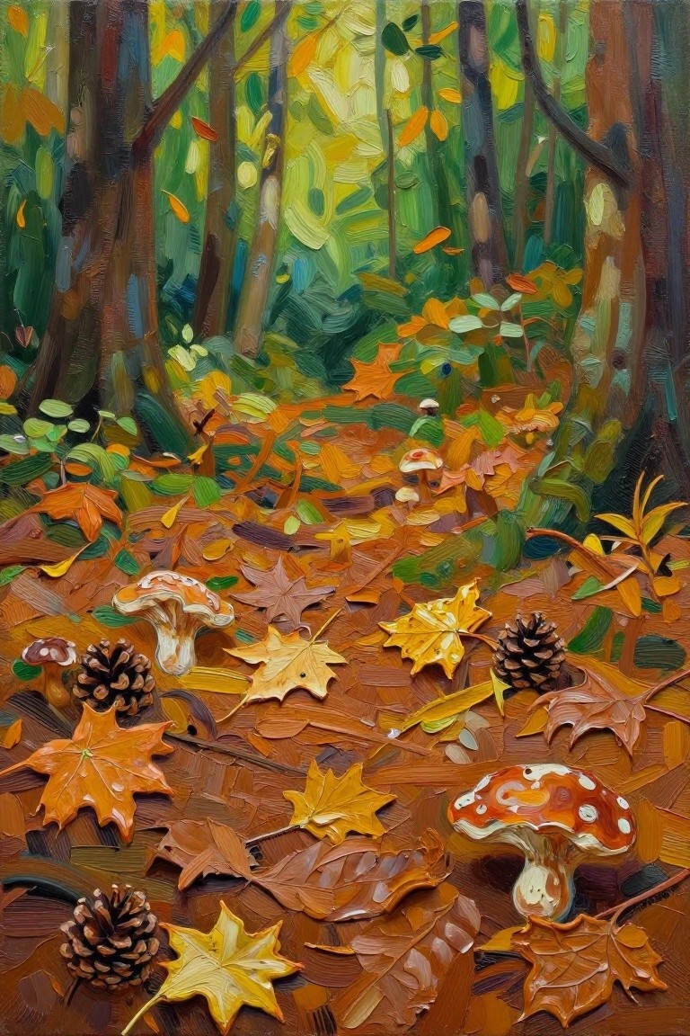 Impressionistic autumn forest floor with colorful leaves, mushrooms, and pinecones.