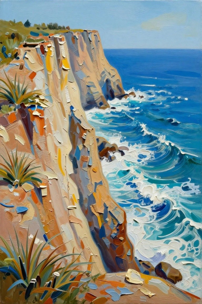 Thickly textured painting of colorful cliffs with crashing blue ocean waves and plants