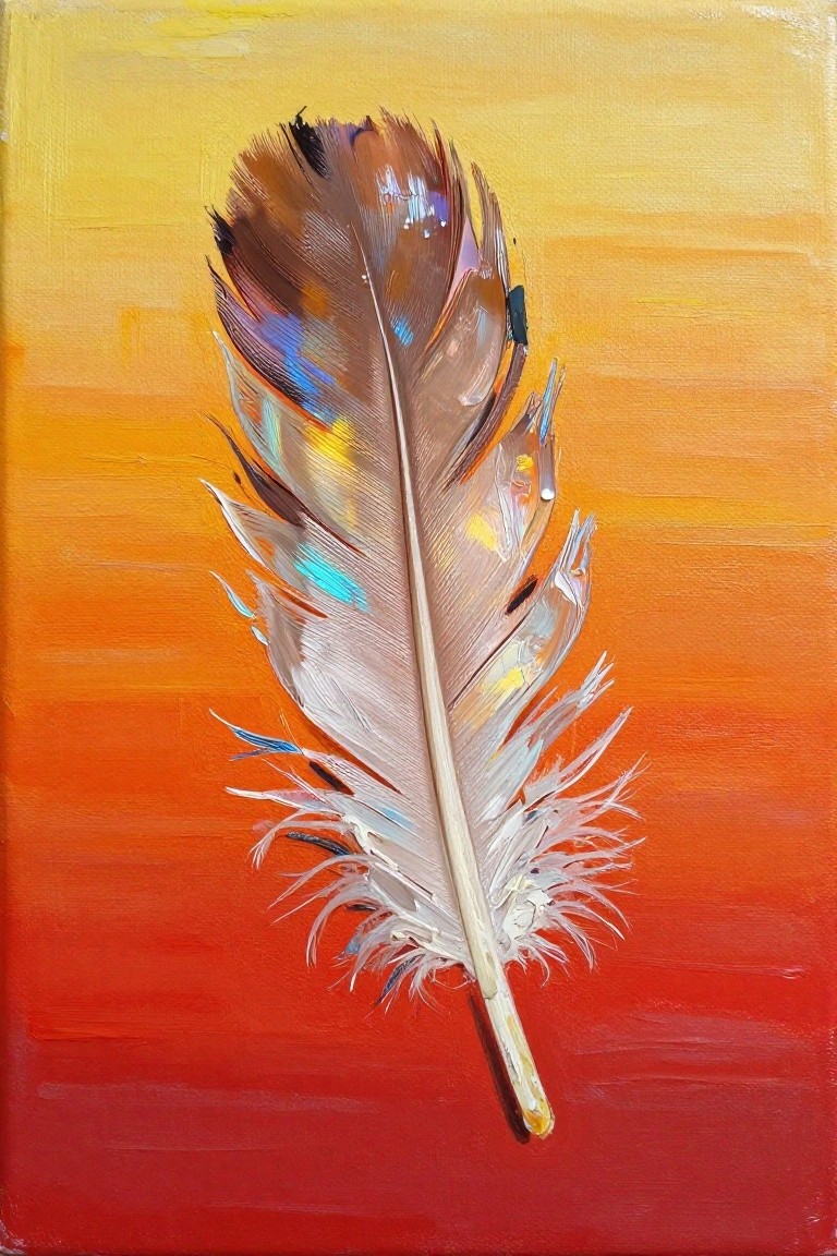 Feather with brown, white, and blue tones on yellow-to-red gradient background.