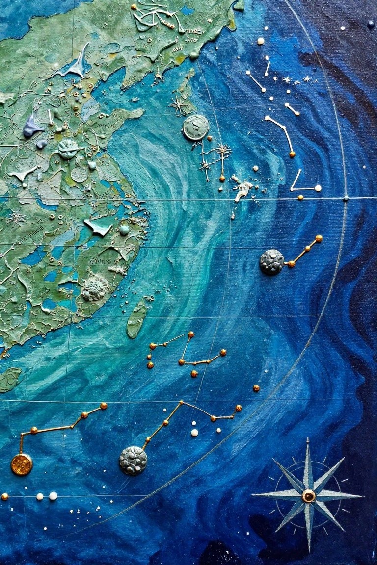 Detailed map with green land, blue ocean swirls, golden constellations, and compass rose