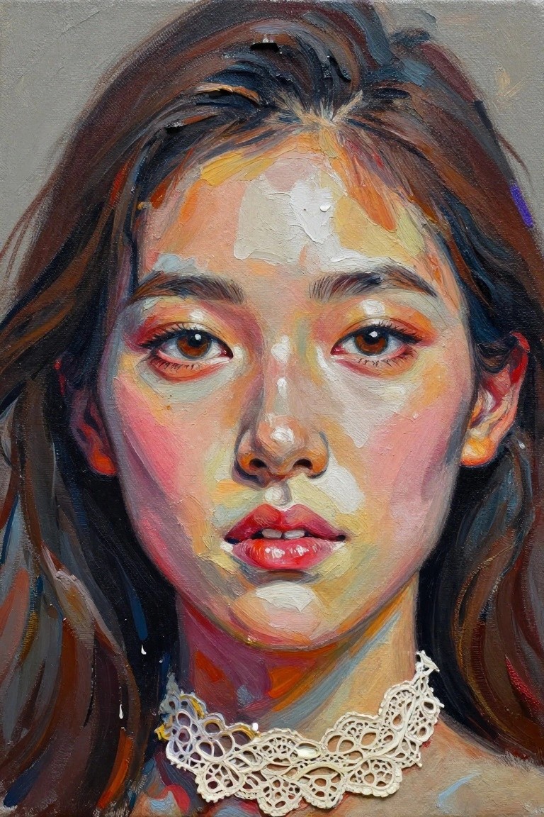 Vibrant oil portrait of a young woman with dark hair and white lace choker