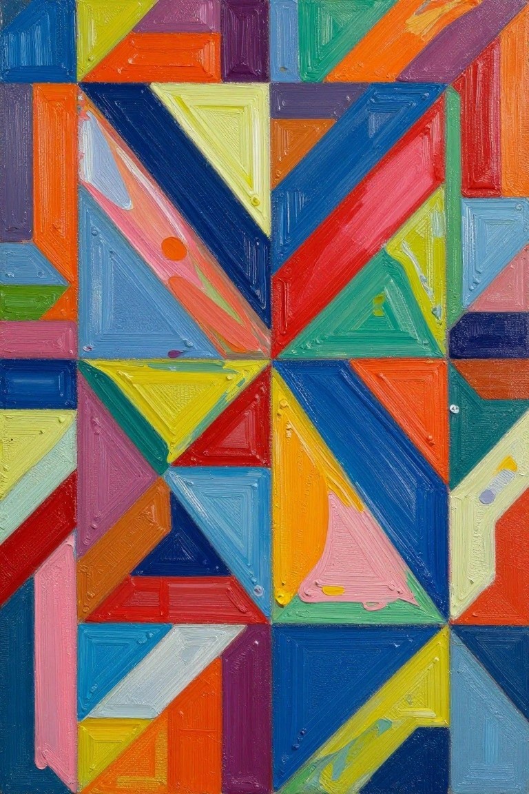 Vibrant abstract painting of colorful geometric triangles and polygons with bold brushstrokes