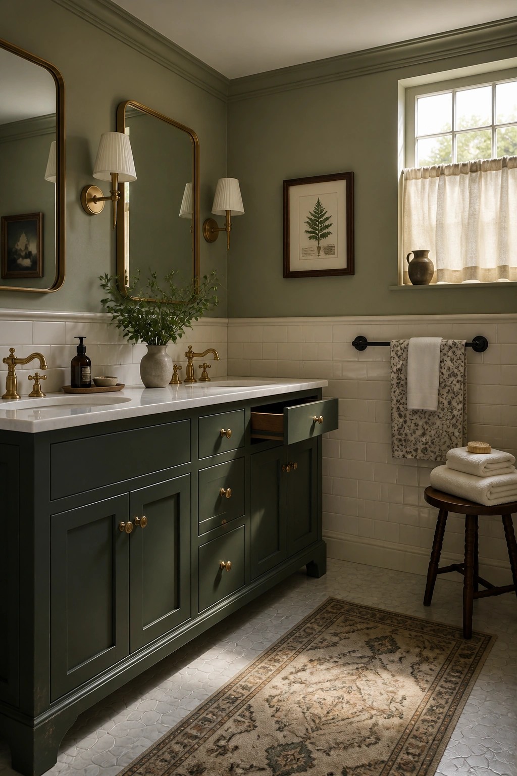 Green bathroom vanity with marble top, brass fixtures, mirrors, and floral towels
