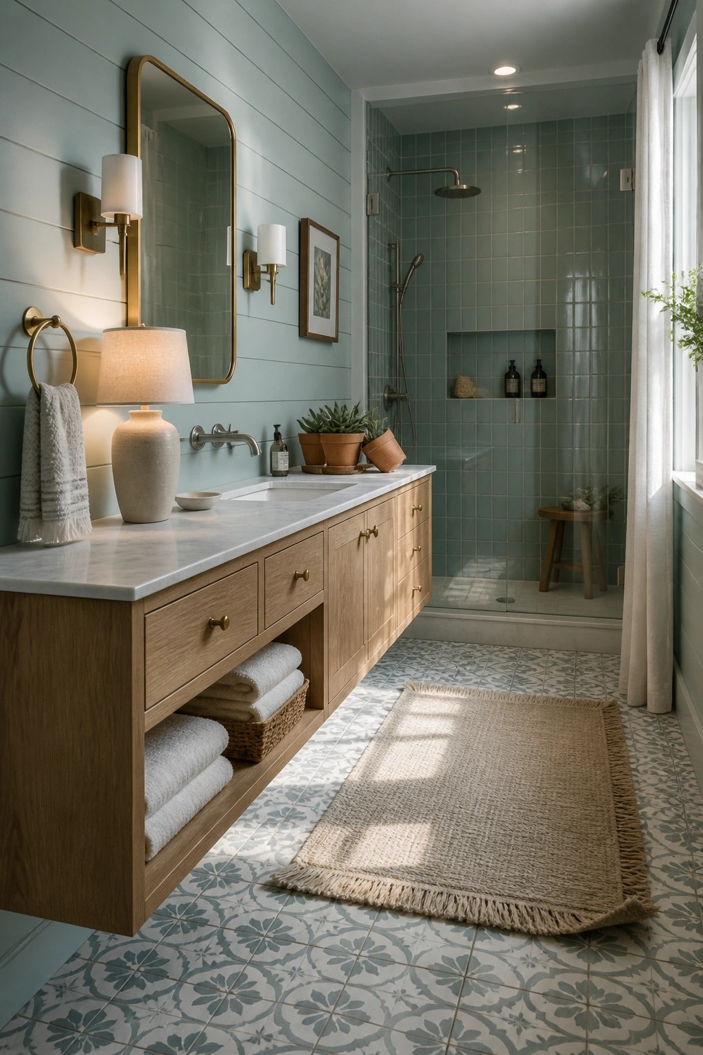 Light blue green paint covers the walls of a bathroom with a wood vanity and tiled shower.
