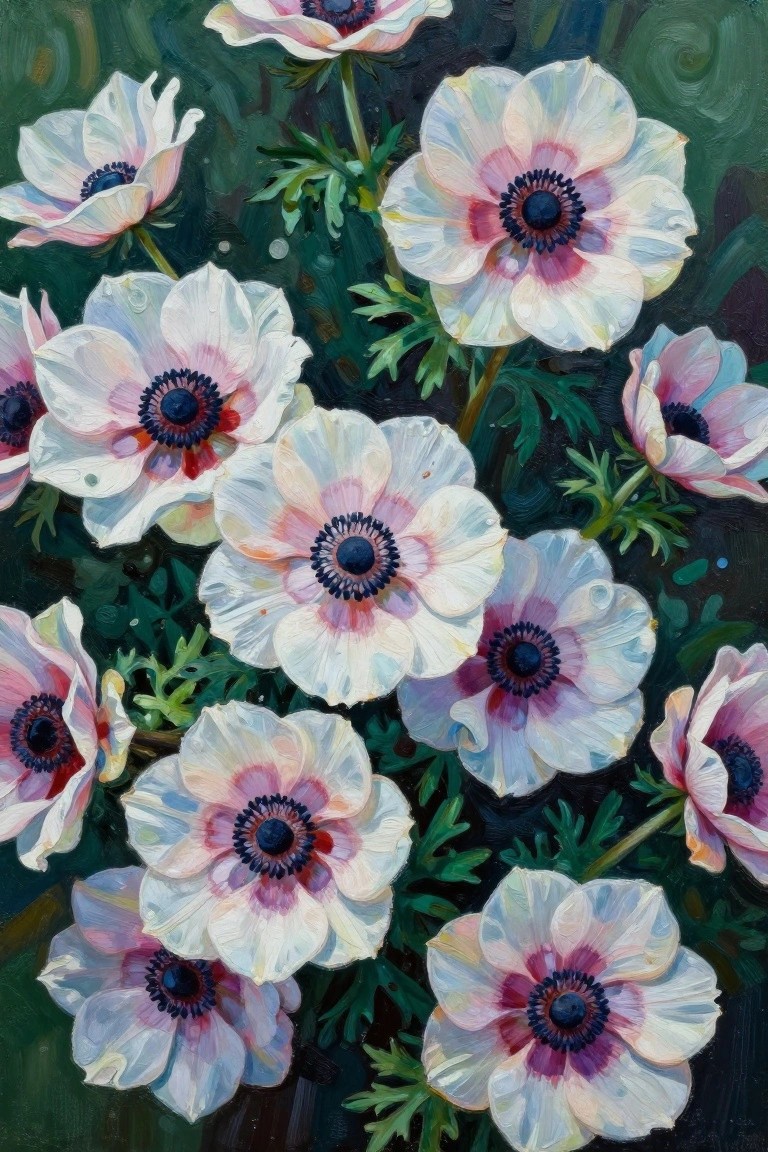 Lush cluster of white anemones with pink-purple centers and dark foliage in oil painting
