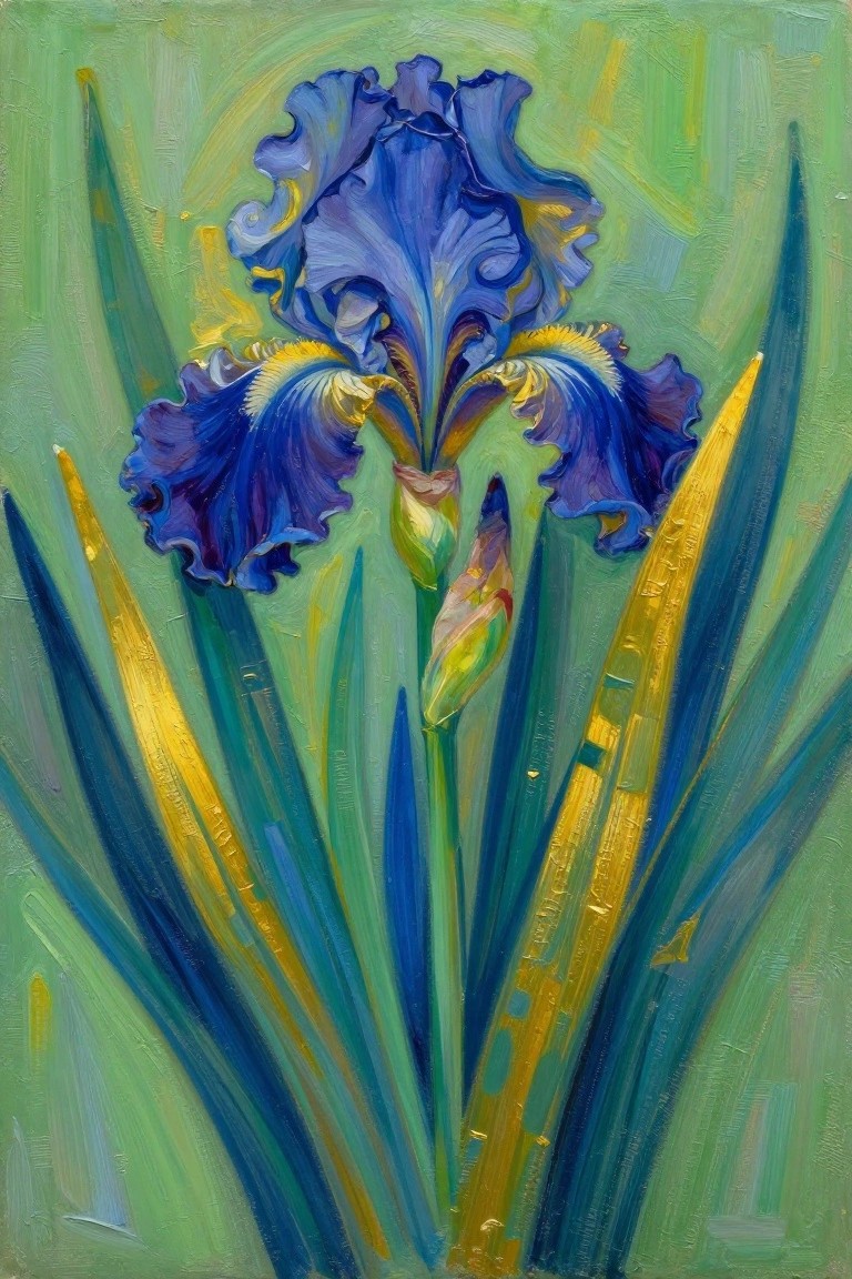 Vivid blue iris bloom with yellow accents amid tall green and blue leaves
