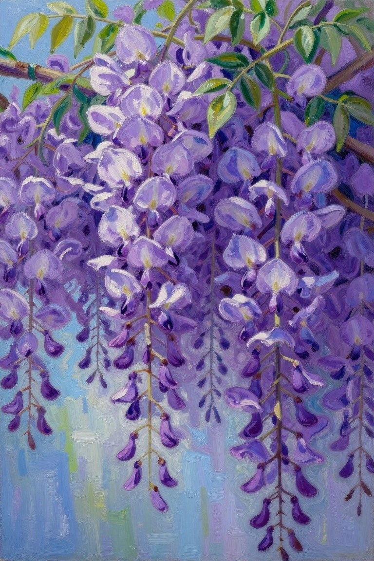 A painting of purple wisteria flowers hanging in clusters from branches with green leaves against a blue background.