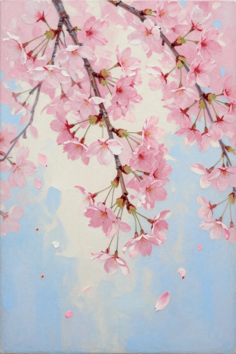 A painting of pink cherry blossom branches on a light blue and white background with a few falling petals.