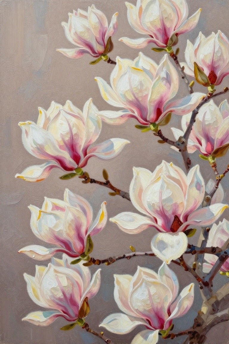 White and pink magnolia blossoms blooming on branches in soft oil painting style.