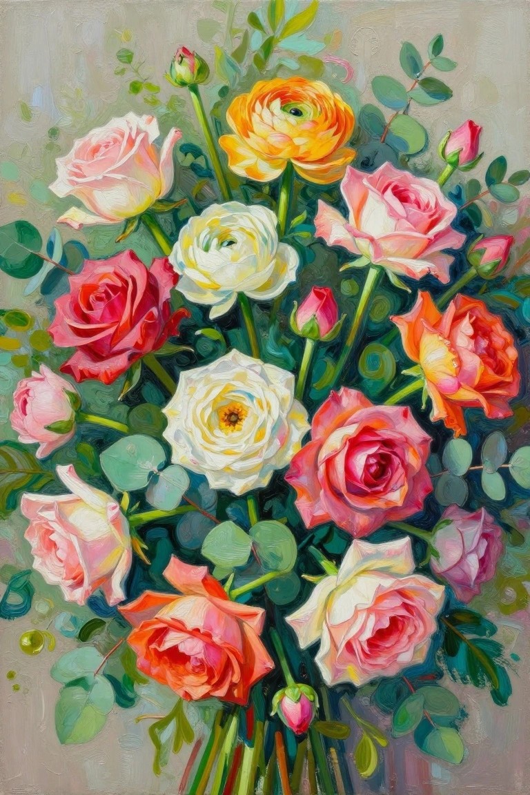 Vibrant bouquet of multicolored roses and ranunculus with green foliage in oil painting.