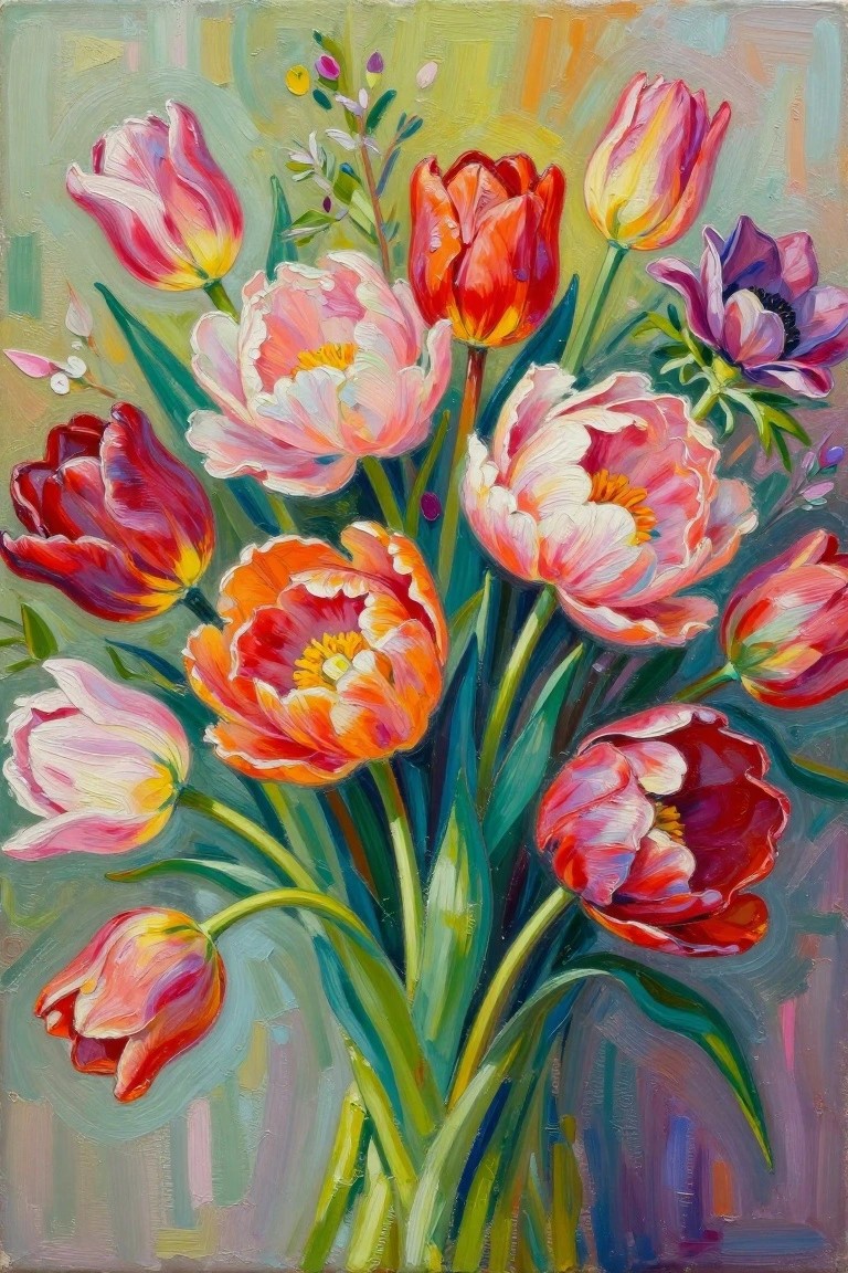 Vibrant painting of colorful pink, red, and orange tulips with green stems.