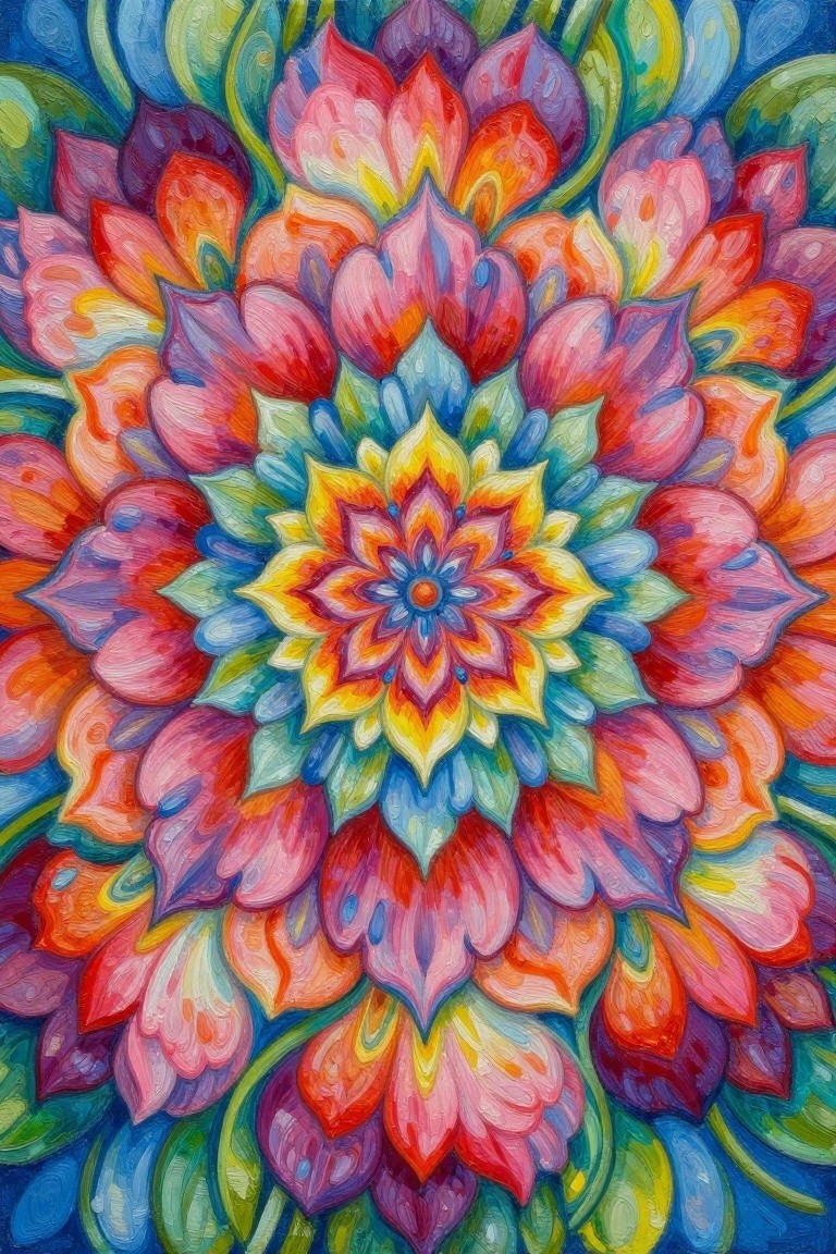 Vibrant floral mandala with layered petals in red, orange, yellow, and blue.