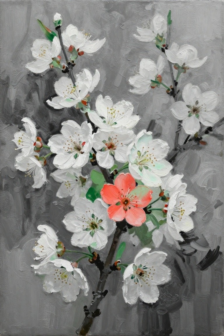 Textured oil painting of white blossoms with one pink flower on gray background