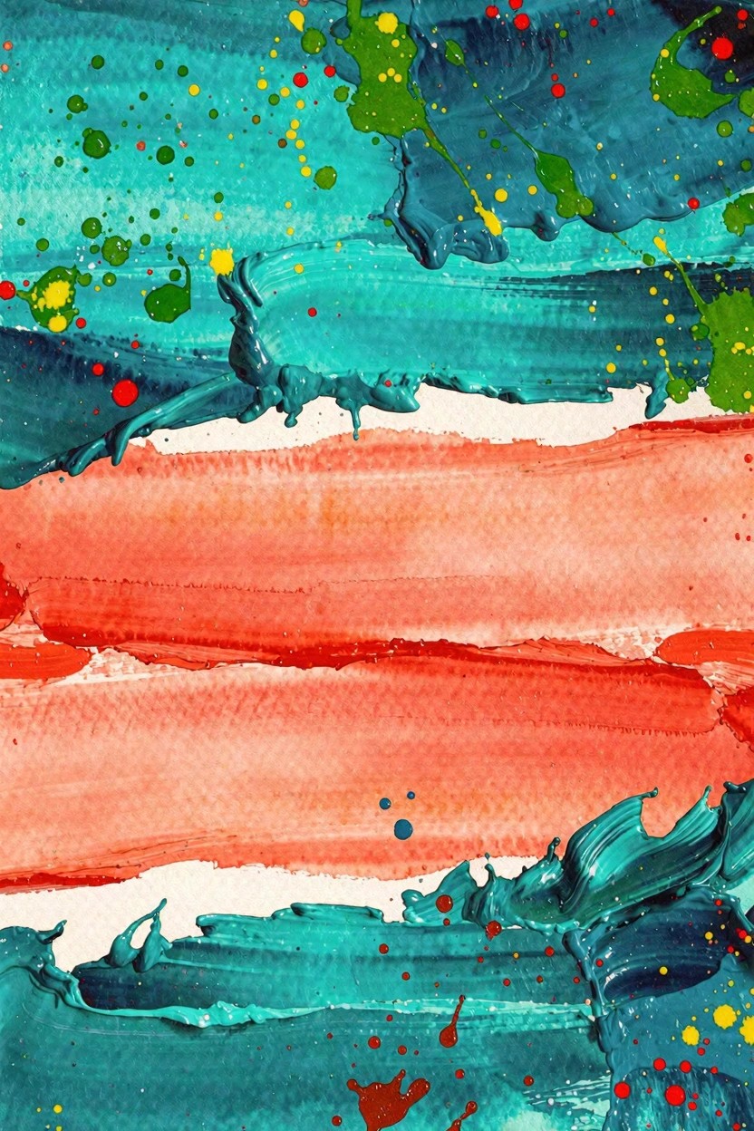 Abstract painting with teal blue orange red horizontal strokes and vibrant splatters.