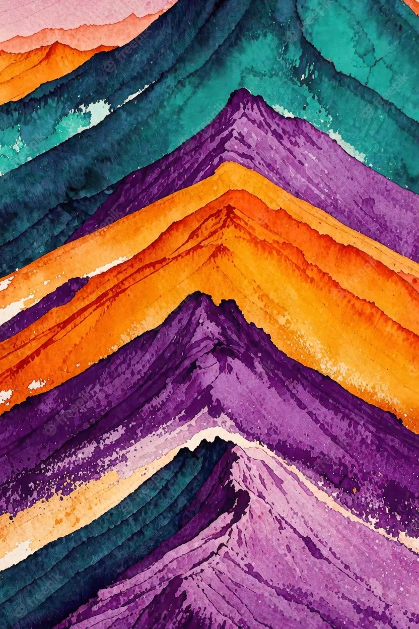 Vibrant watercolor of layered mountain peaks in purple, orange, teal, and pink hues.