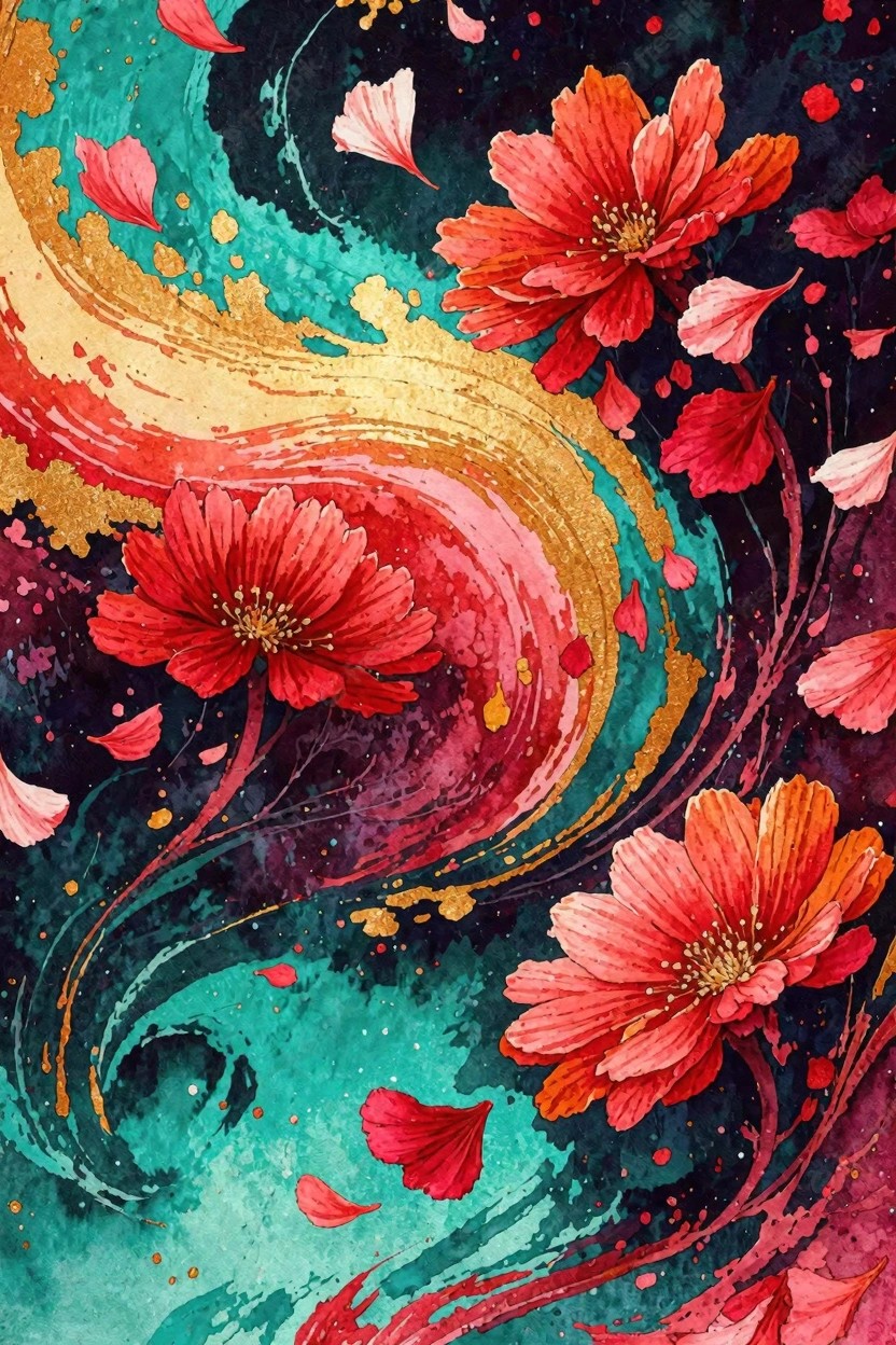 Vibrant red flowers amid swirling teal, gold, and crimson watercolor splashes with floating petals
