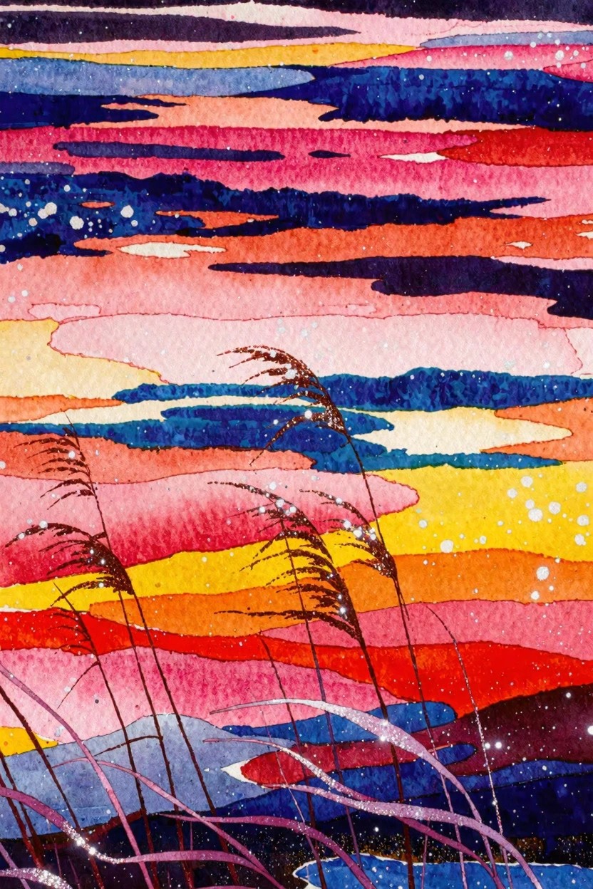 Vibrant watercolor sunset with layered colorful stripes, sparkles, and silhouetted grass
