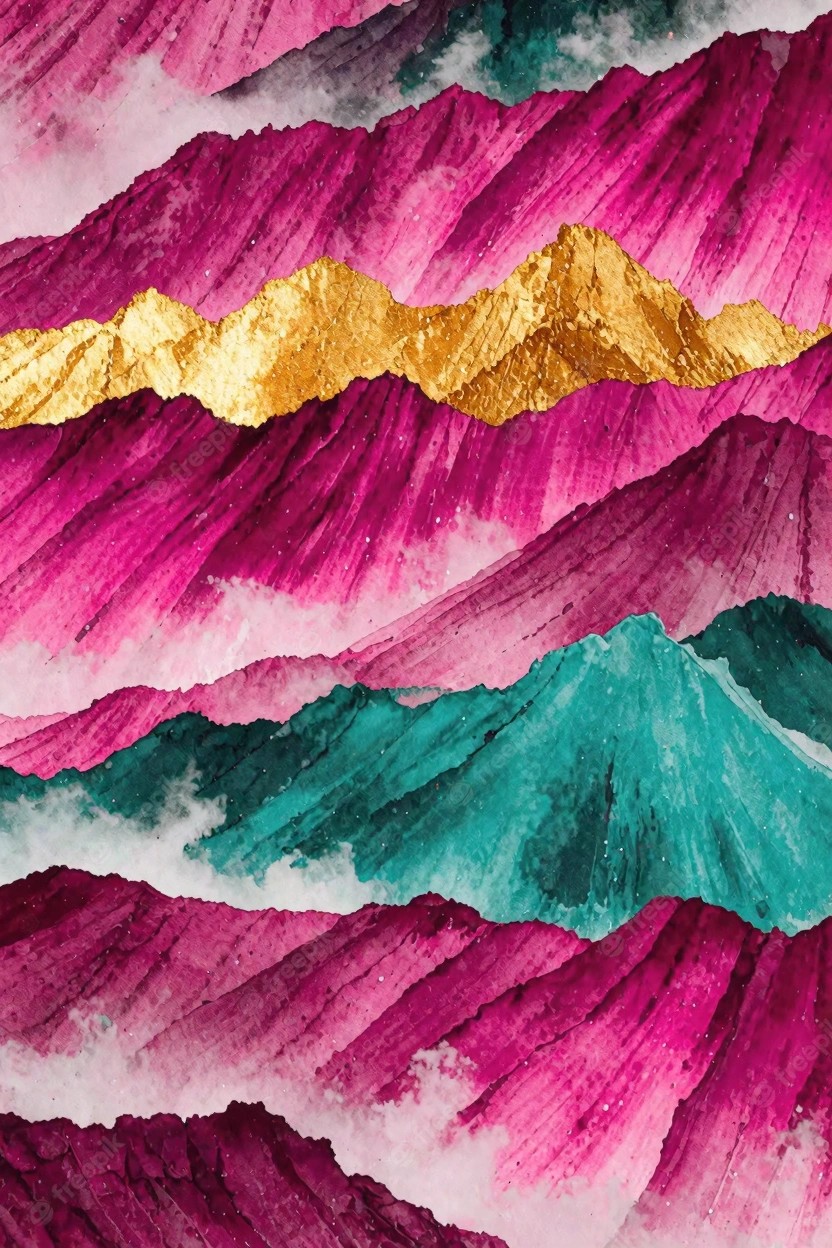 Vibrant layered mountain peaks in pink, teal, and metallic gold with mist