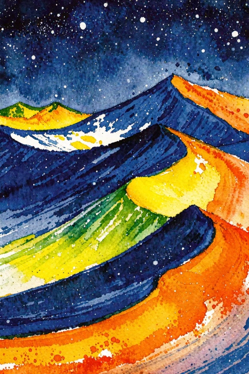 Vibrant watercolor of starry night over swirling blue and orange hills.