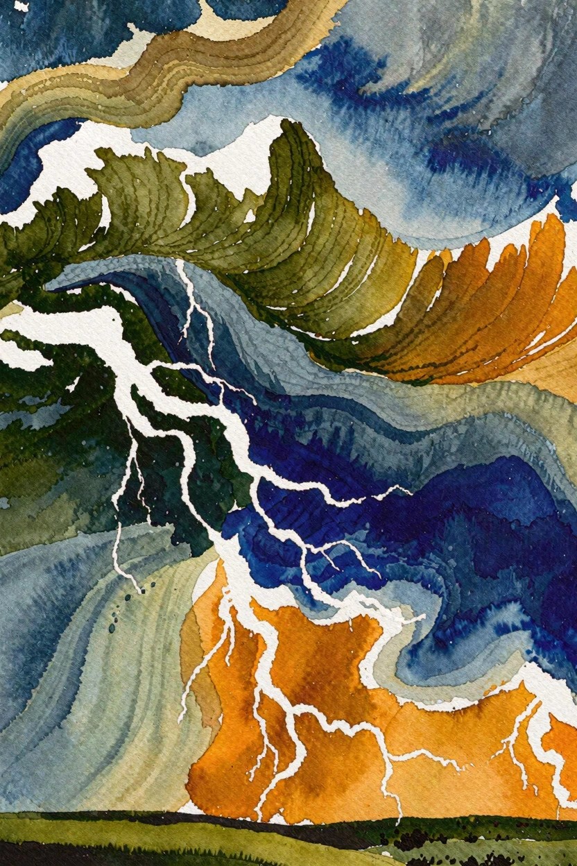 Watercolor storm with white lightning over swirling blue, green, and orange mountains.
