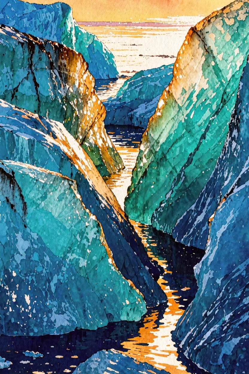 Watercolor painting of a narrow waterway between steep blue and green cliffs with orange sunset reflections on the water.