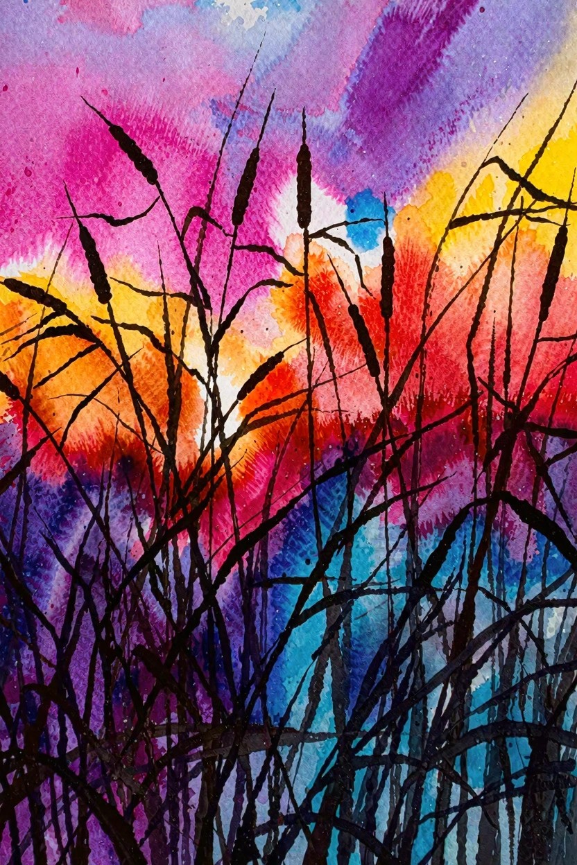 Silhouetted cattails and reeds against vibrant pink purple orange blue watercolor sky