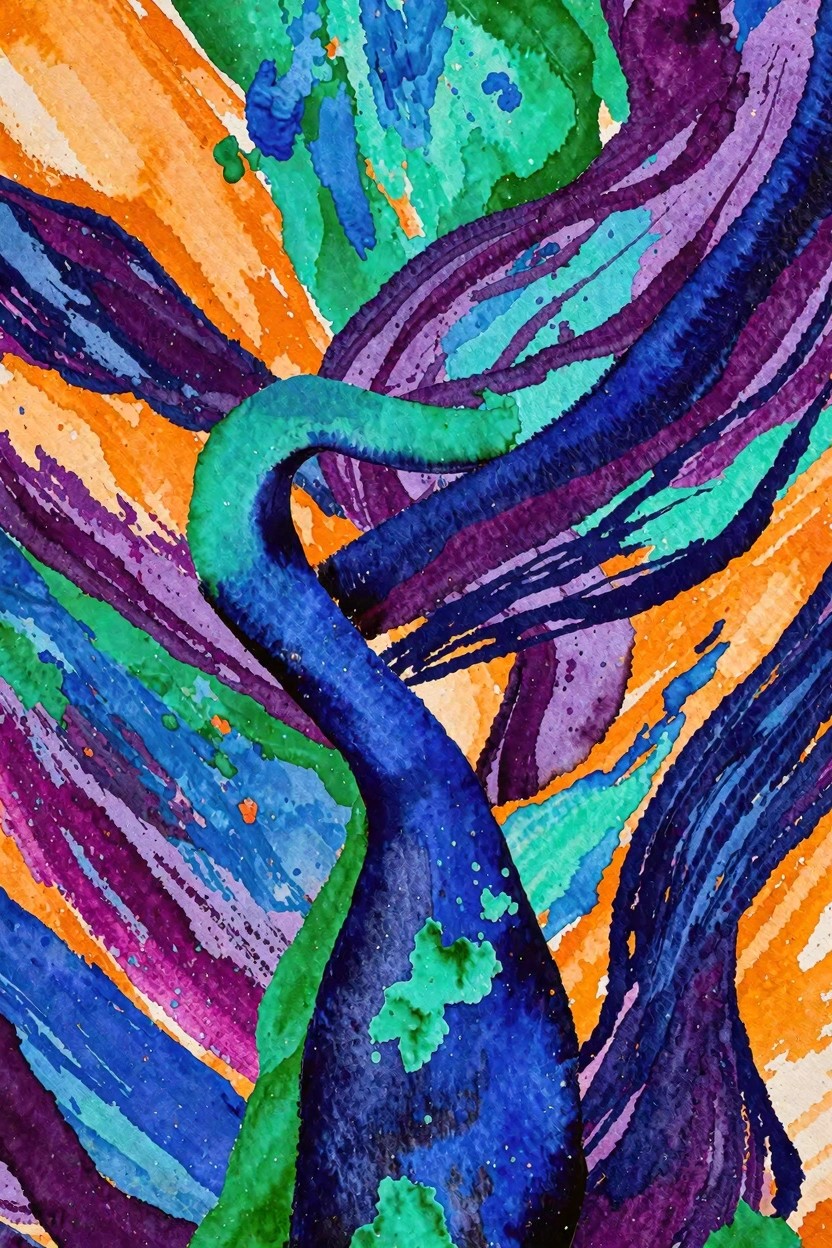 An abstract painting with thick intertwined blue green purple and orange ribbon shapes on a colorful background with paint splatters.