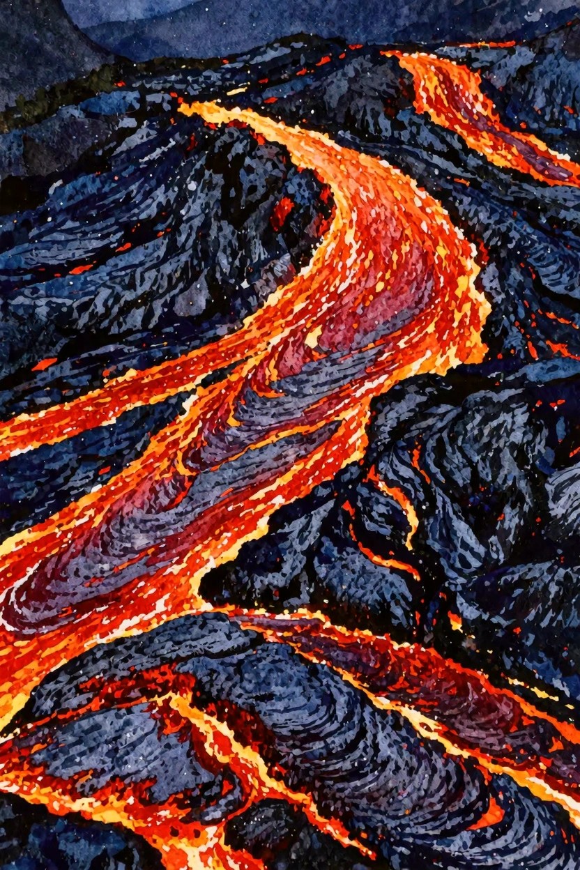 Glowing orange lava flows winding through dark blue rocky volcanic terrain at night
