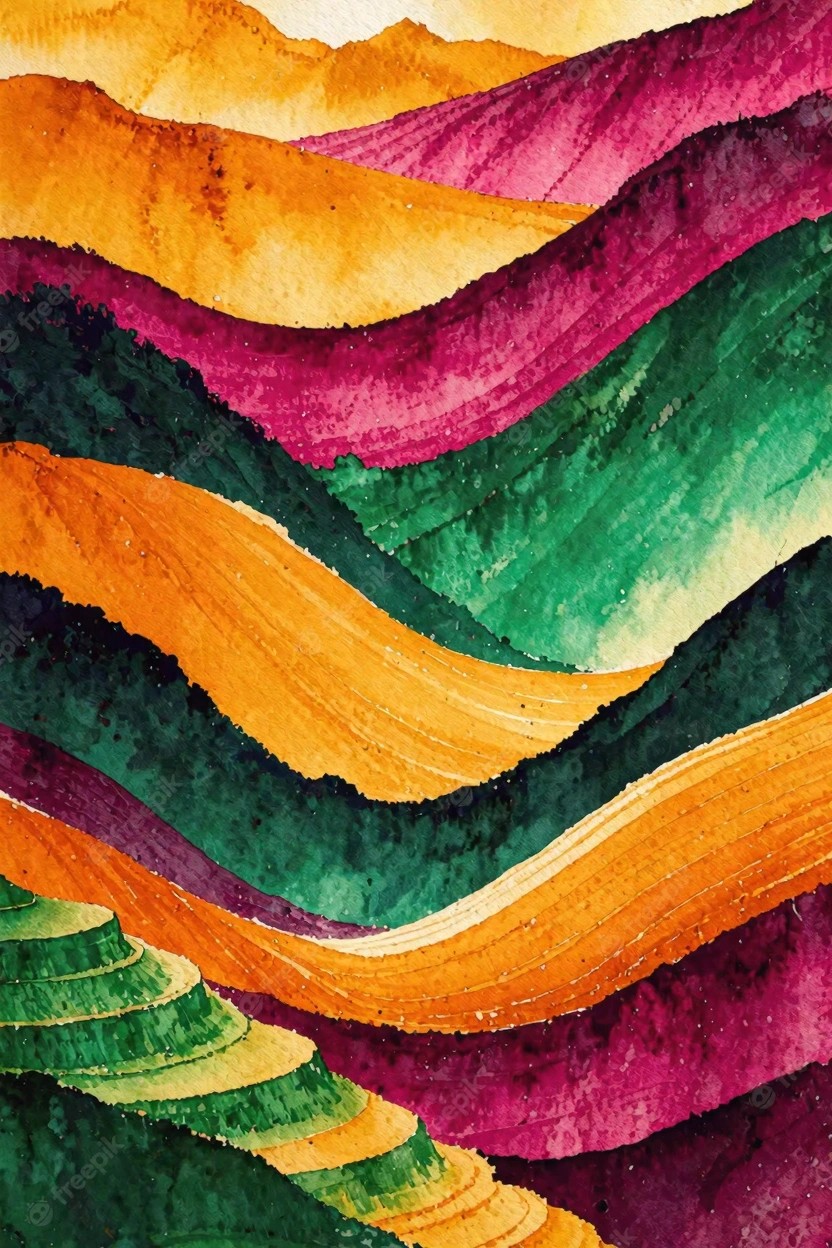Vibrant watercolor of wavy layered hills in orange, pink, green, and purple
