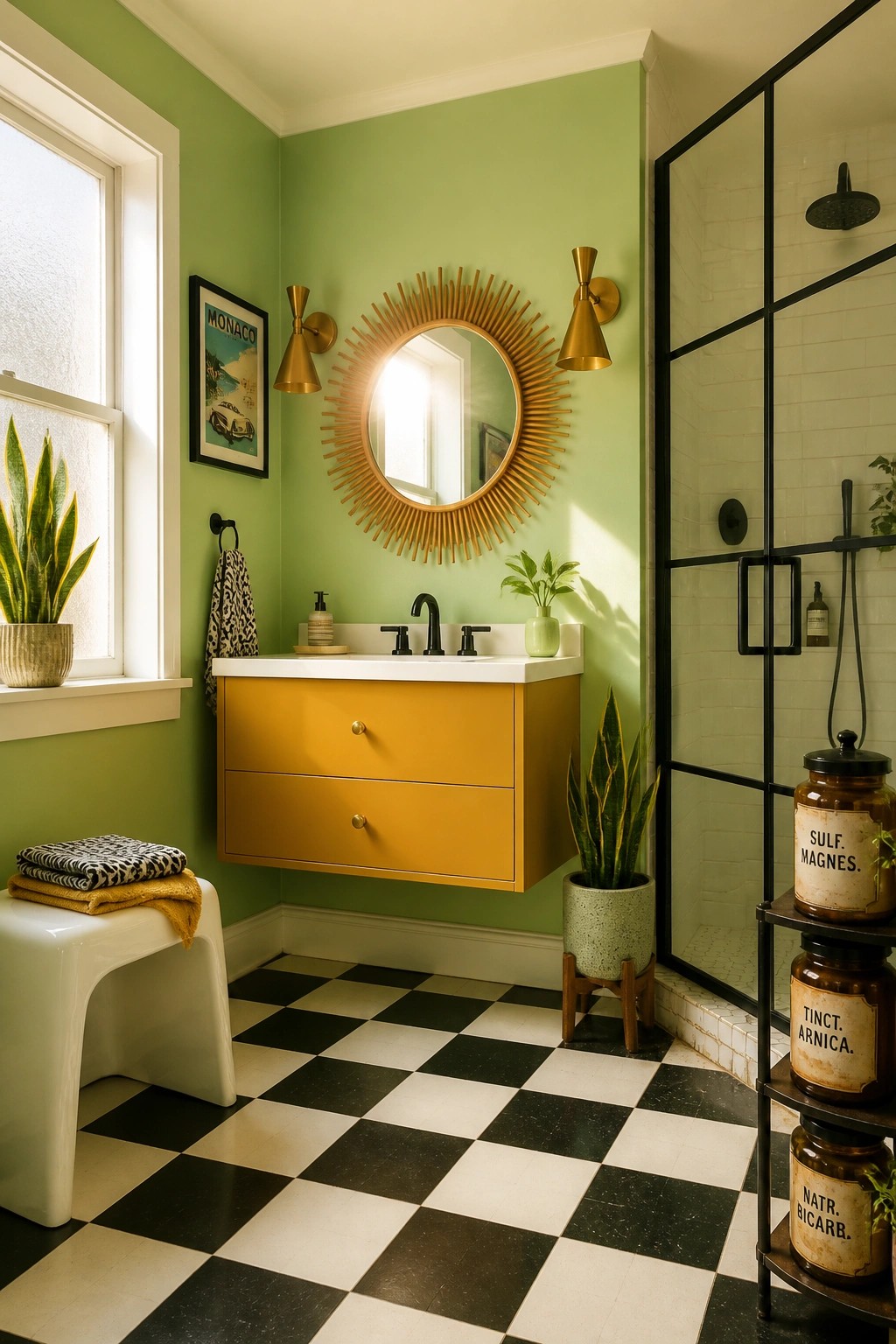 Lime green walls in a bathroom with a yellow vanity and black and white tile floor.