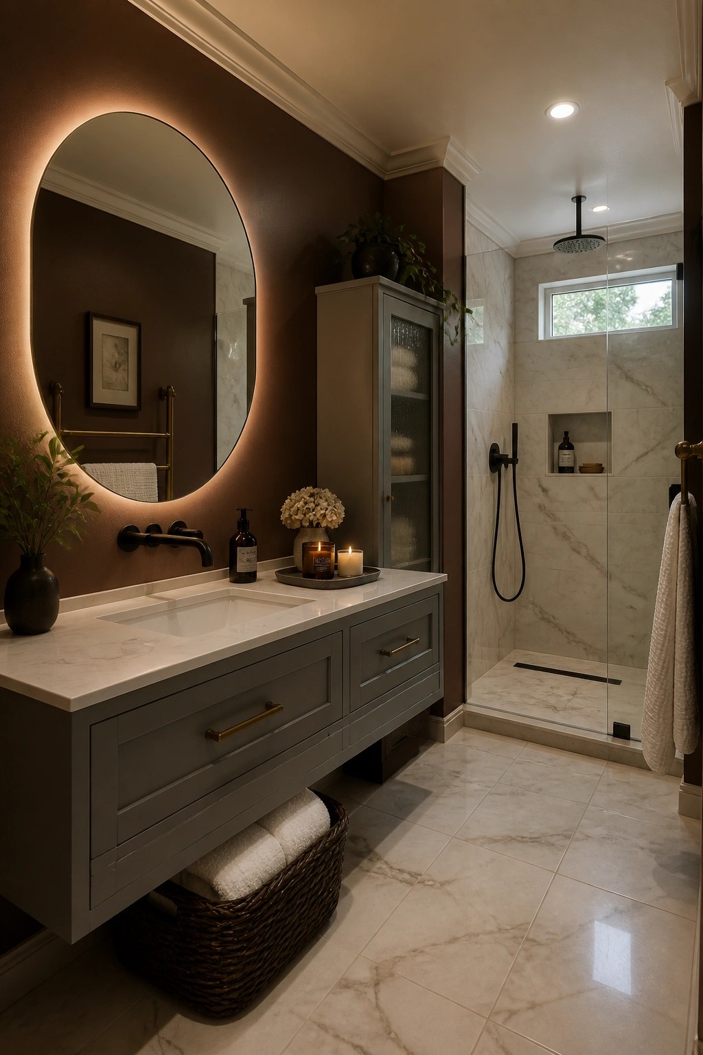 A bathroom with deep brown walls and a floating gray vanity.