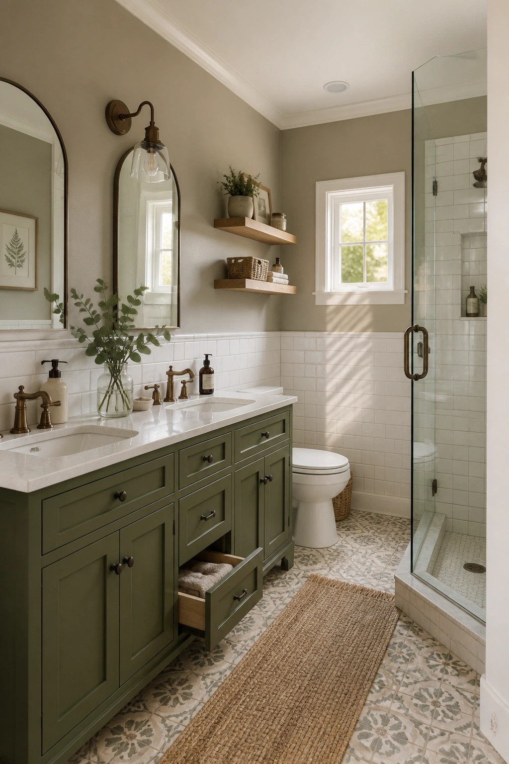 A bathroom with muted sage green walls above white tile and a green vanity.