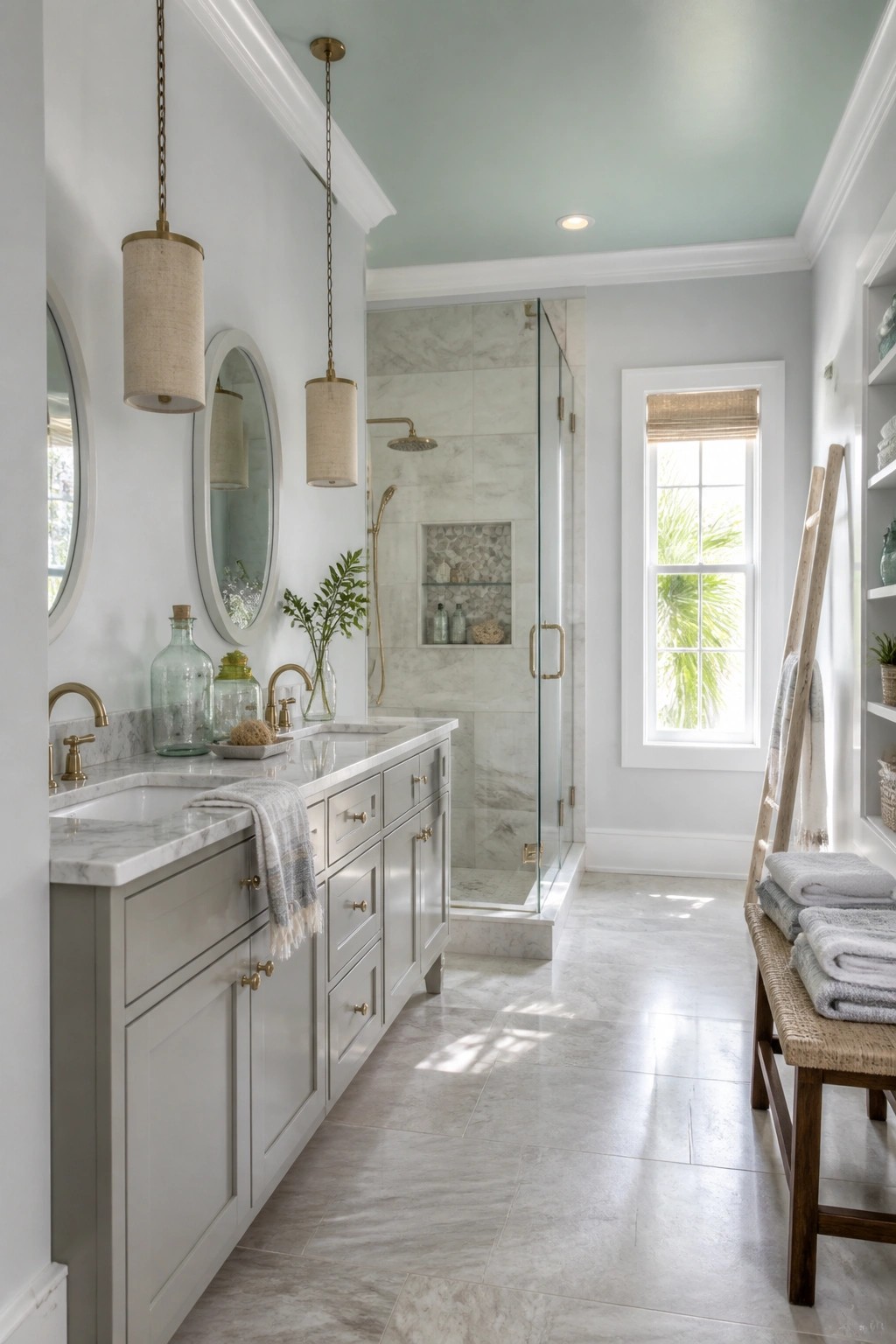 Bathroom with a soft aqua ceiling and light gray vanity.