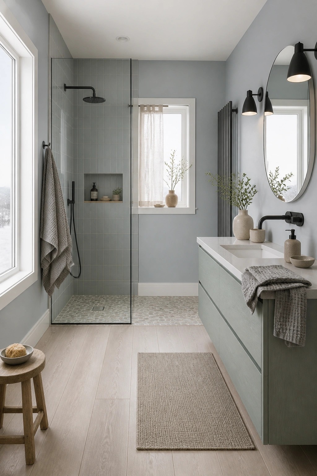 A bathroom with soft blue gray walls and a light wood vanity.