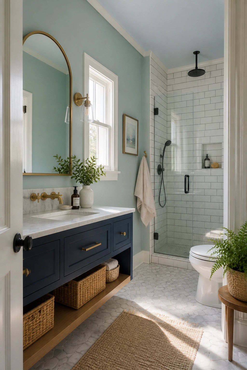 A bathroom with soft blue green walls, white trim, and a navy vanity.