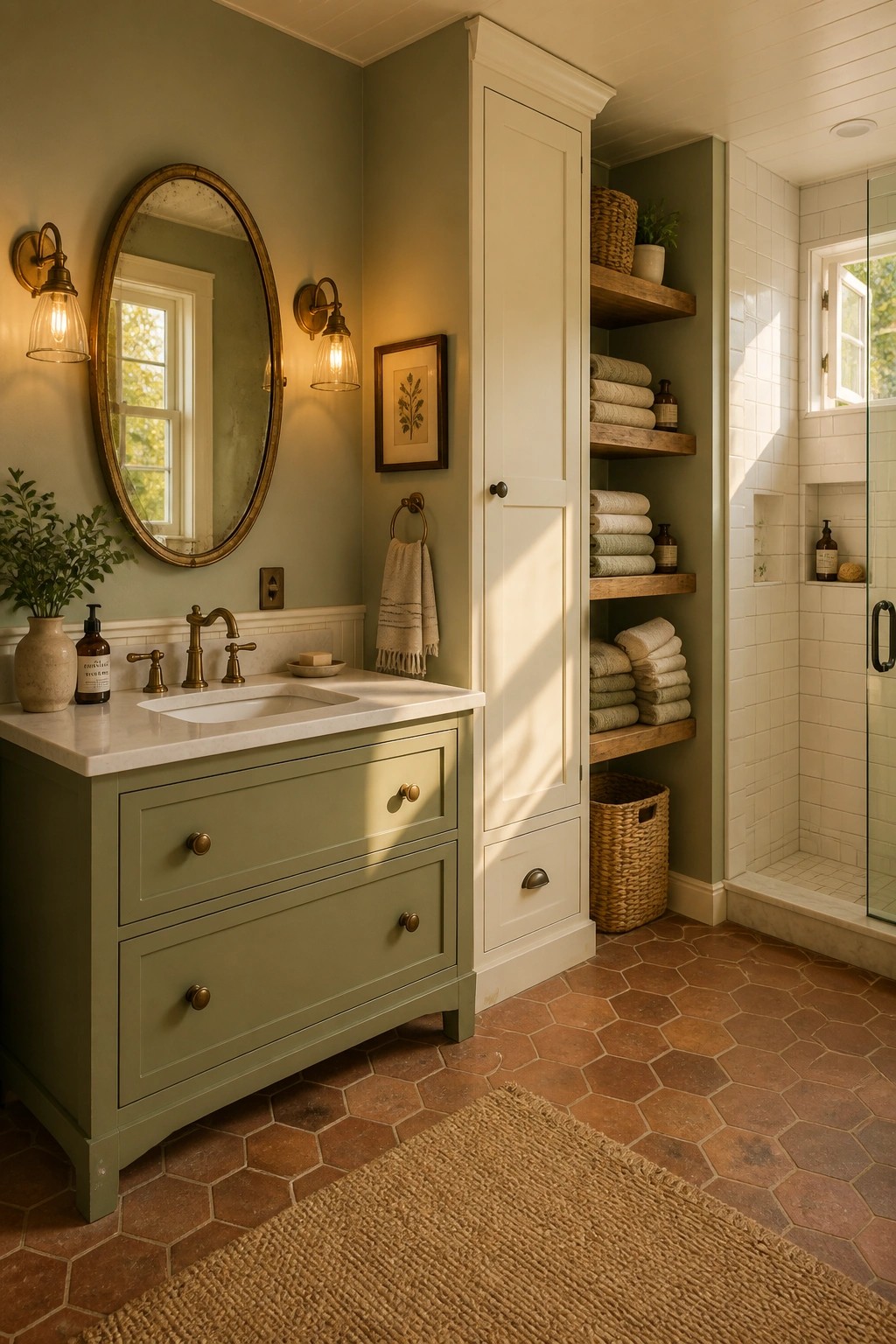 A bathroom with sage green walls and matching vanity next to white trim.